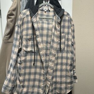 BKE Plaid Hooded Lightweight Overshirt in Beige and Gray